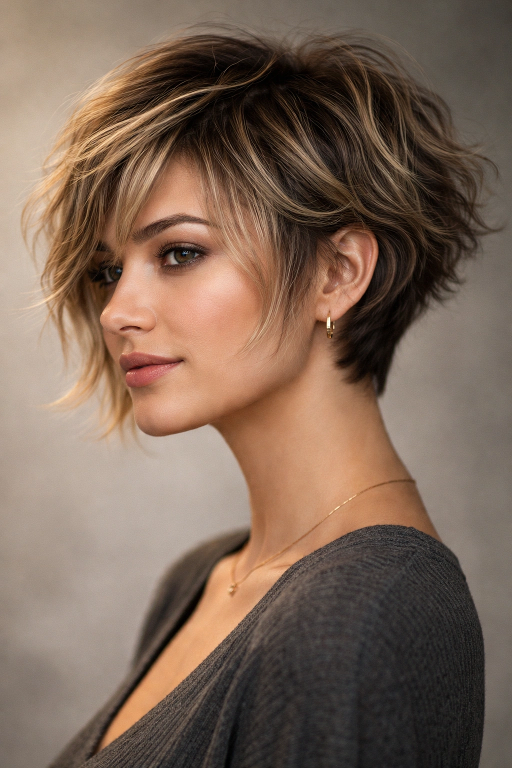 Three-quarter profile of a person with a textured pixie-bob hairstyle showing short back and longer front