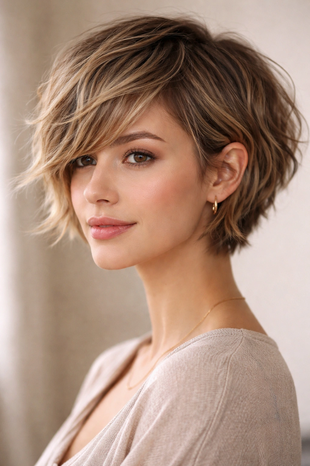 Textured pixie bob with soft side-swept bangs on wavy hair.