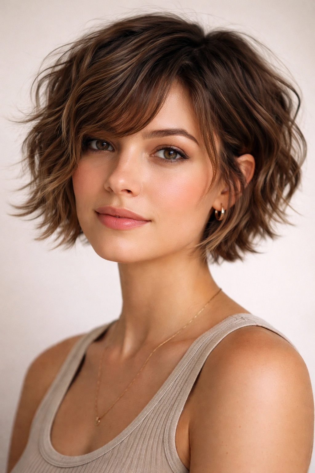 Close-up of a textured wavy pixie bob showing heavy layers and movement