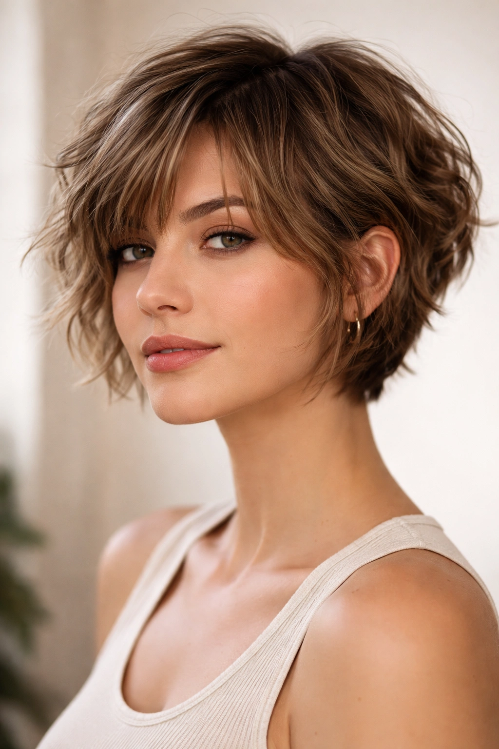 Close-up of textured pixie bob with choppy layers and longer crown on wavy hair