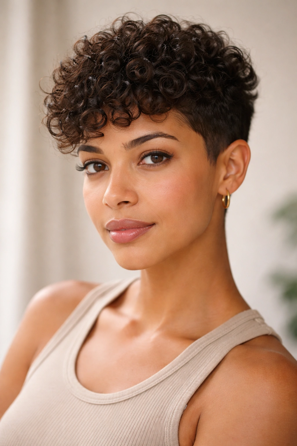 Close-up of a person with a textured pixie crop featuring a curly top and tapered sides.