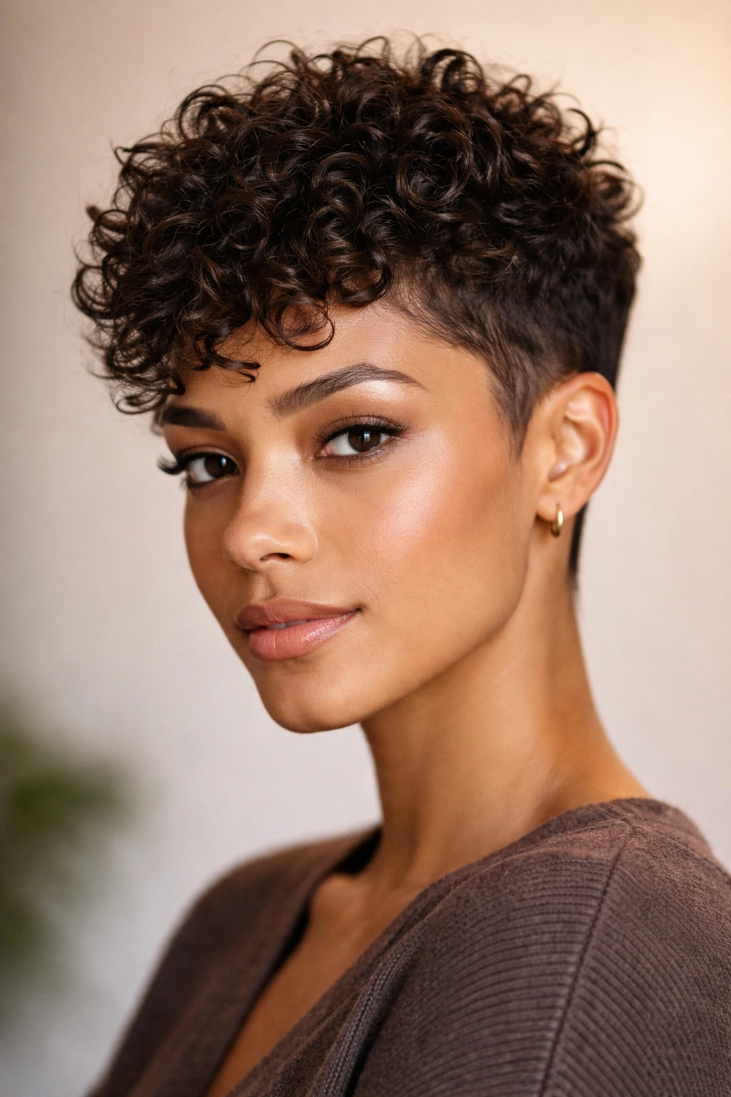 Close-up of a textured pixie cut on a model highlighting short faded sides and voluminous curls on top