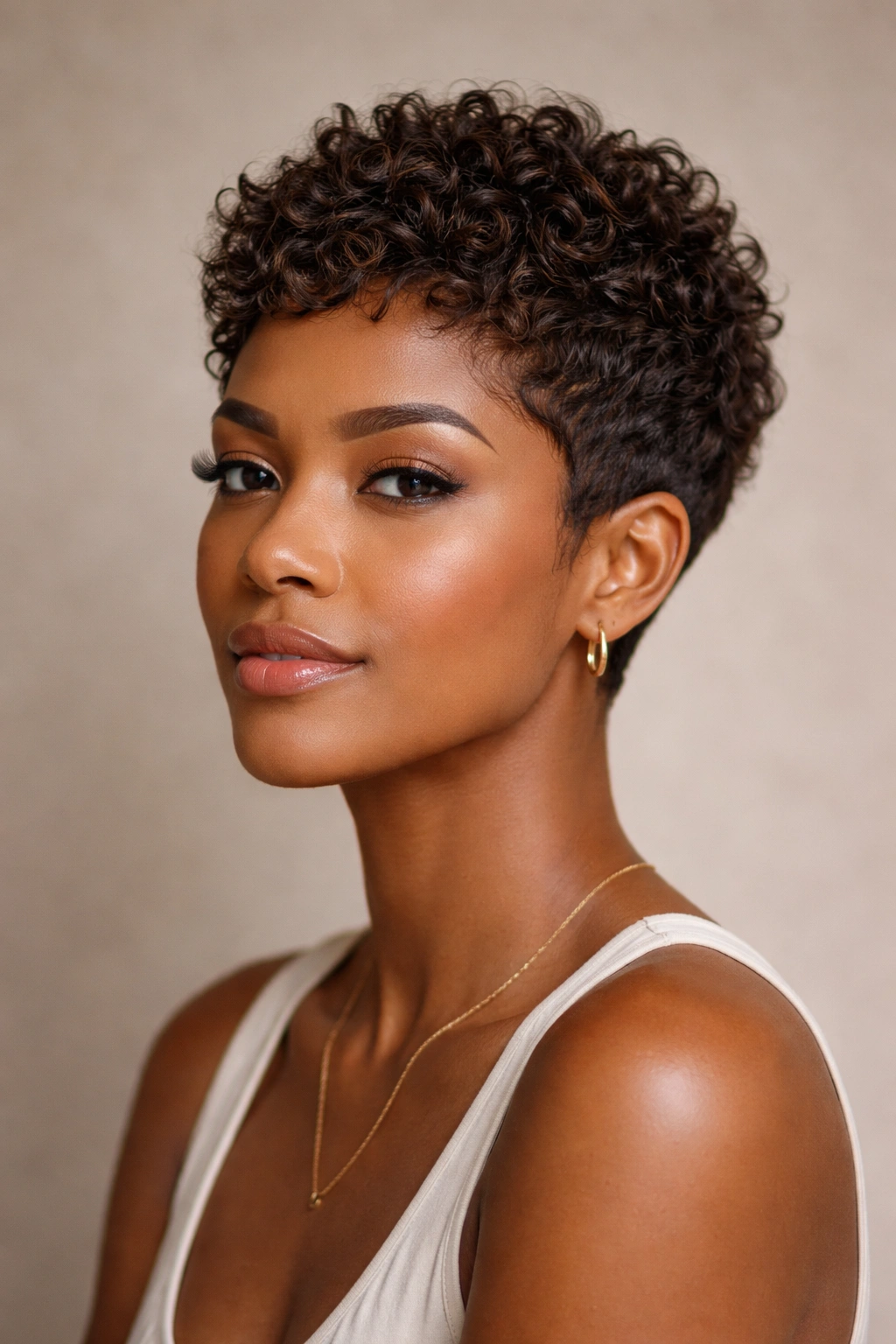 Close-up portrait of a woman with a textured pixie cut displaying layered curls.