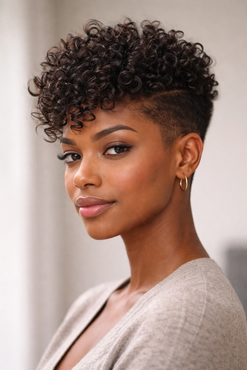 Pixie cut with longer curls on top and short sides