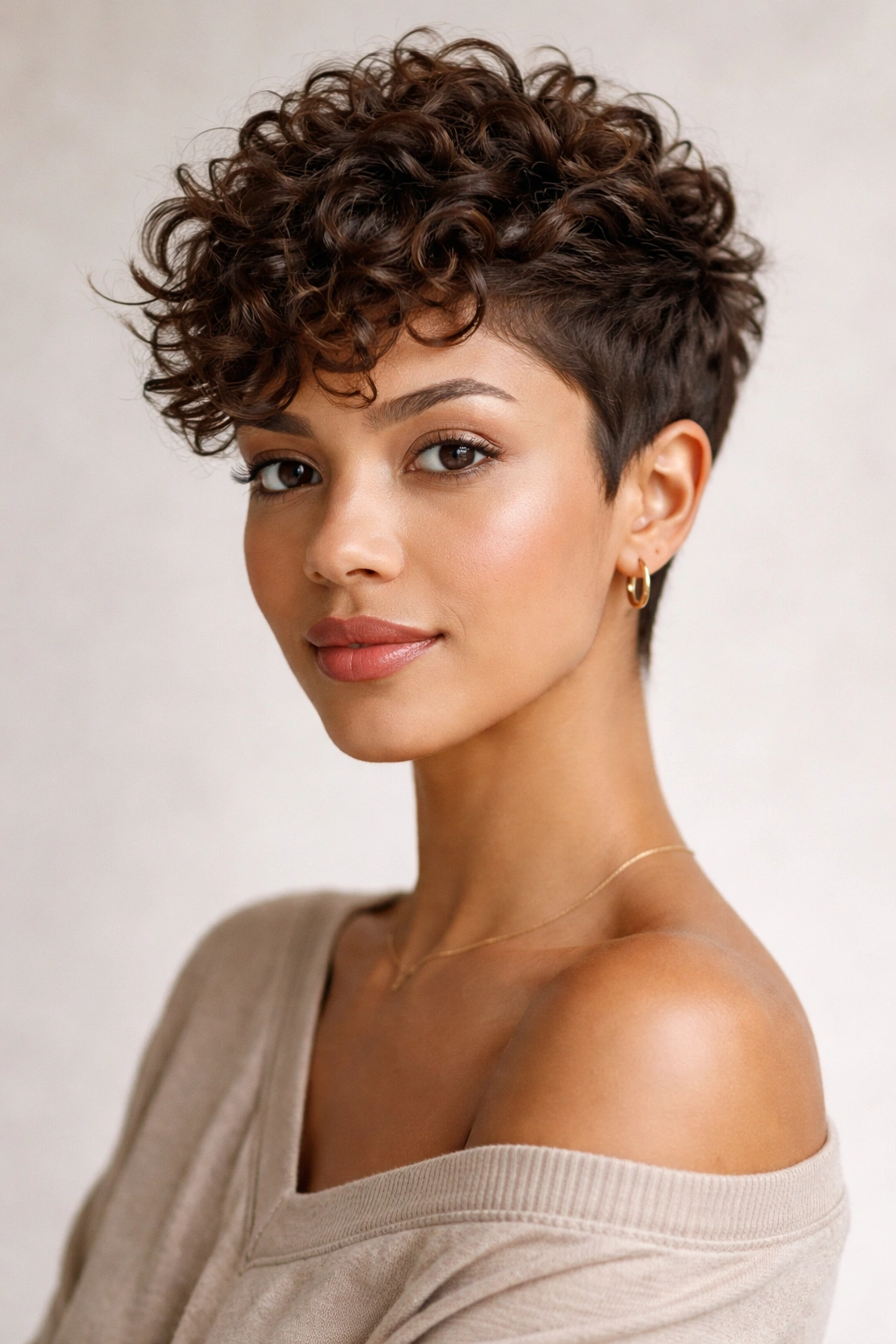 Close-up of a model with a textured pixie cut showing defined curls and layered crown.