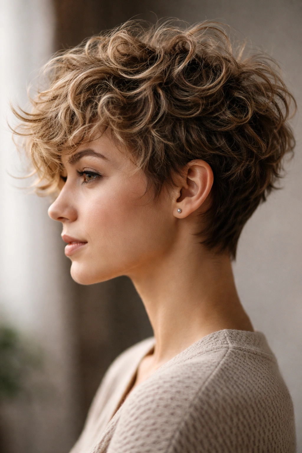 Profile view of a textured pixie cut on fine curly hair