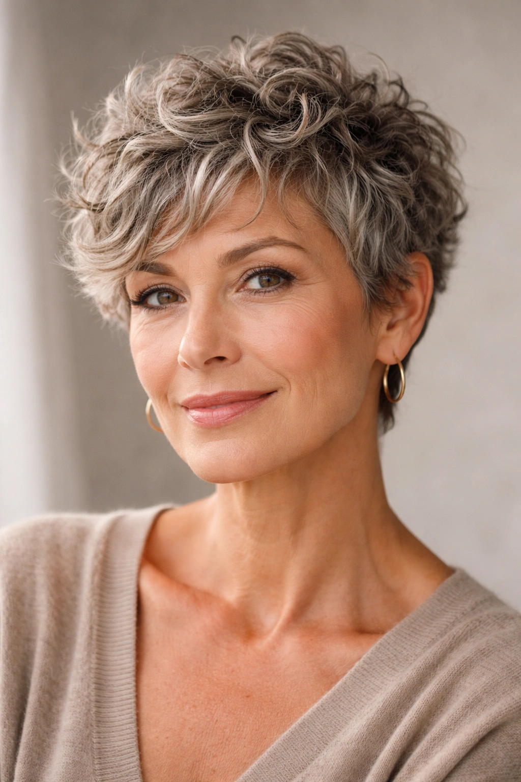 Close-up of a 50+ woman with textured pixie cut showing soft face-framing curls