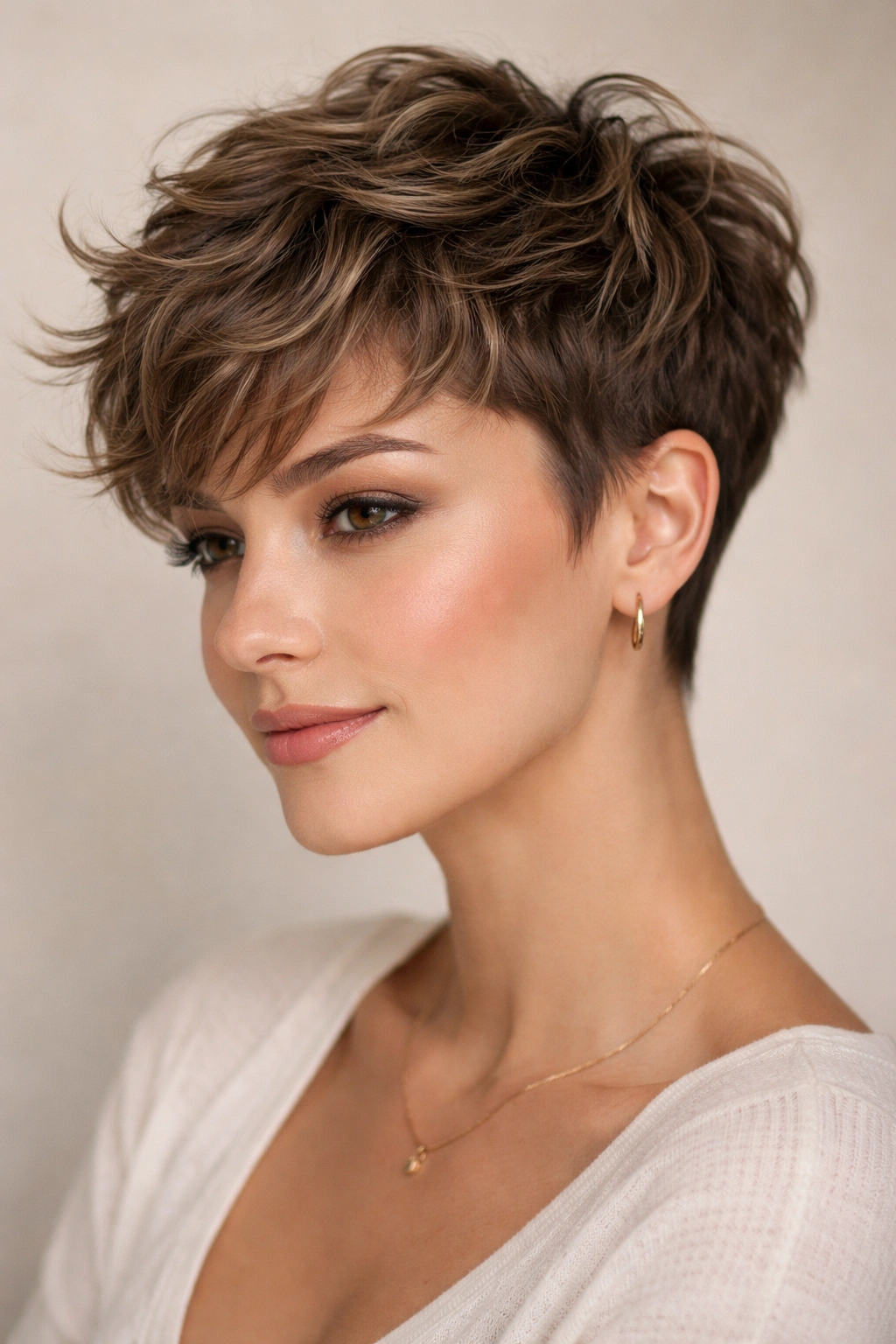 Close-up of textured pixie cut with choppy layers and waves, tapered sides