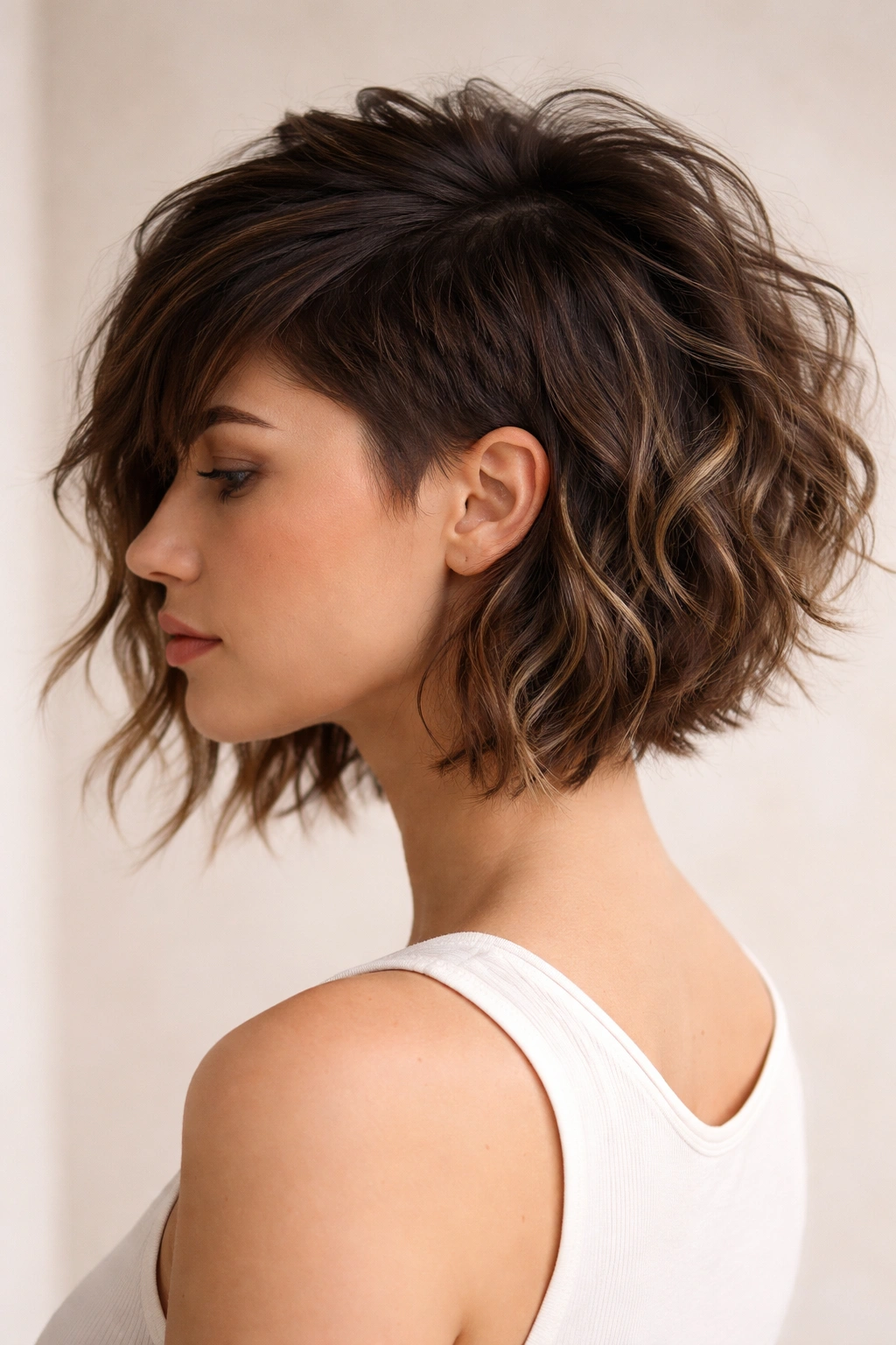 Close-up of a textured pixie fade blending into a wavy bob with crown lift