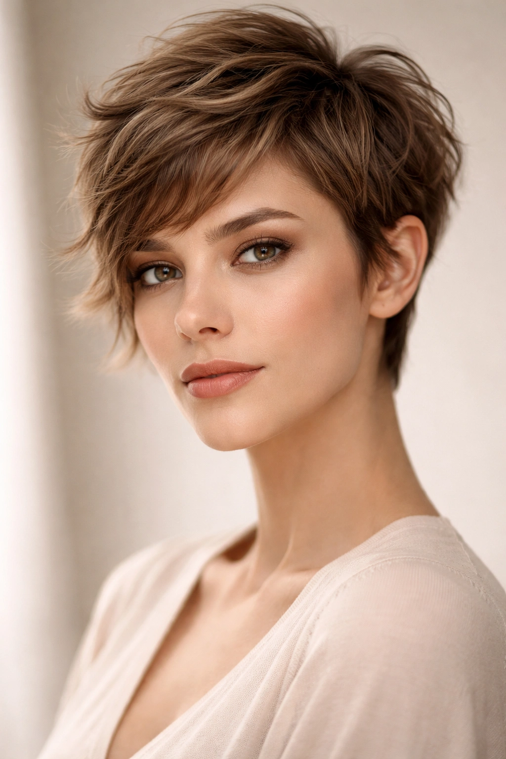 Close-up of textured pixie with longer sides framing the jaw on a model