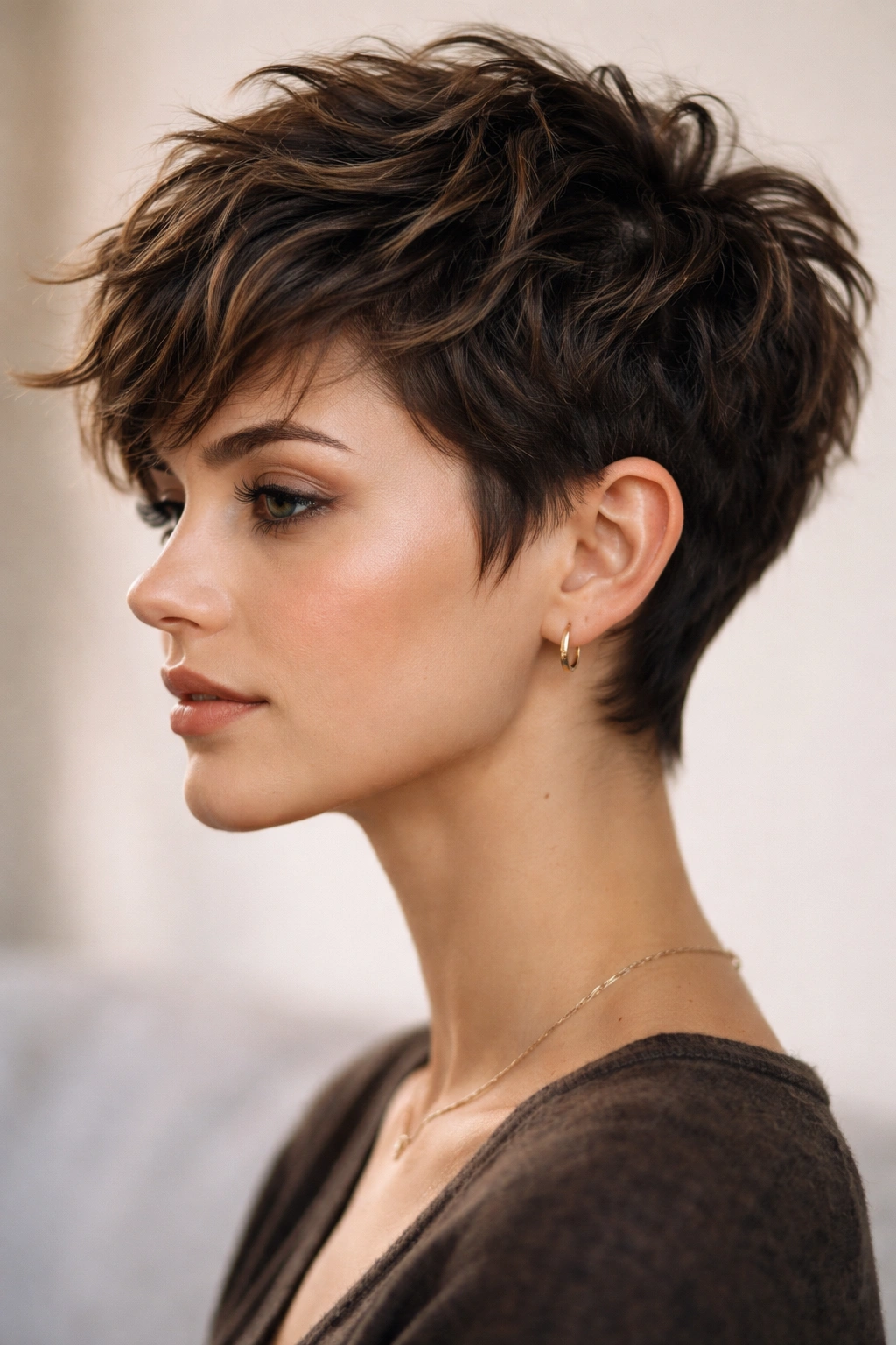 Close-up of a short textured pixie cut with choppy layers and visible waves.