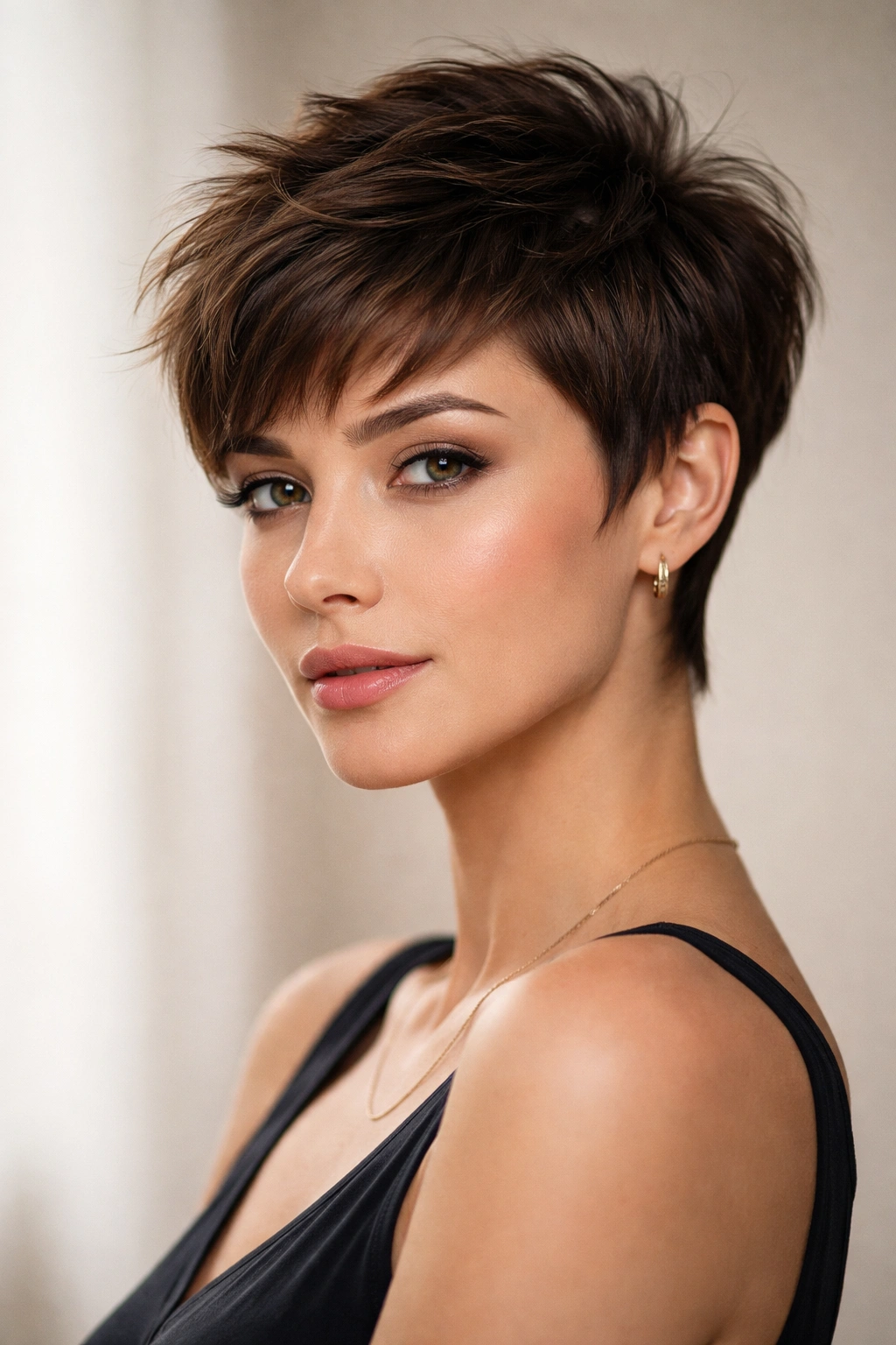 Textured pixie with longer sides framing the jawline.