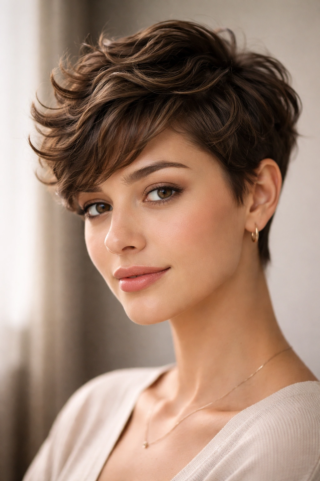 Close-up of textured pixie waves on an oval-face hairstyle with short sides and a light-catching top
