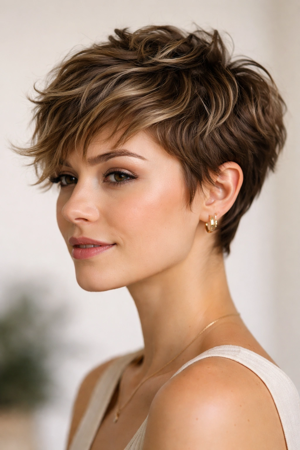 Textured pixie with soft waves and visible dimension
