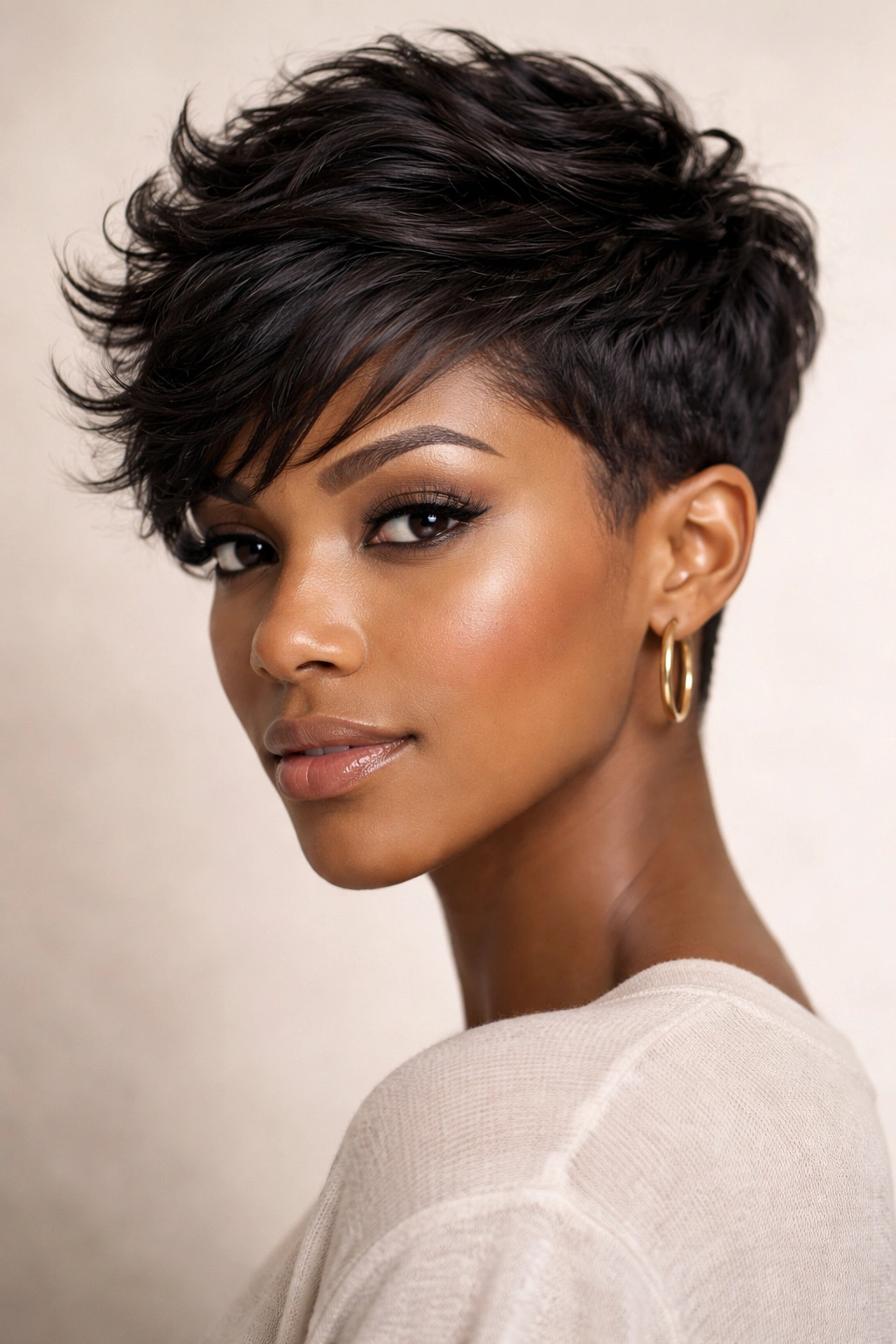 Close-up of textured pixie with side sweep showing choppy crown waves on a model