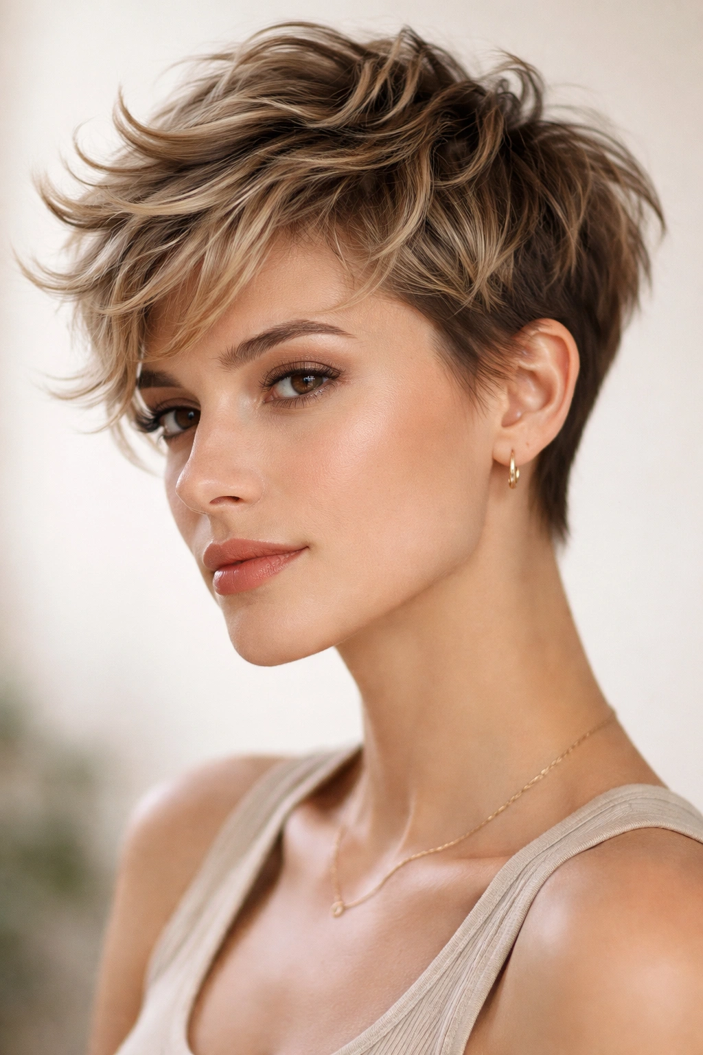 Close-up of The Textured Pixie with Wavy Layers hairstyle showing ultra-short sides and chaotic top layers.