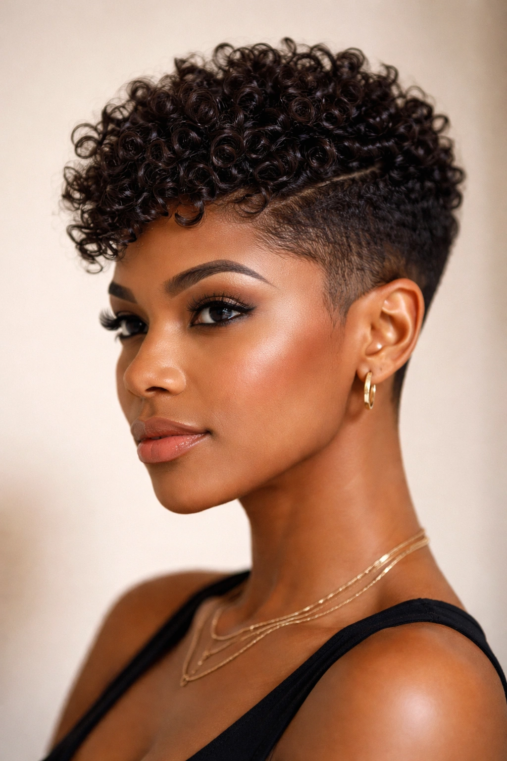 Close-up of a head with a textured pixie weave showing top volume and tapered sides