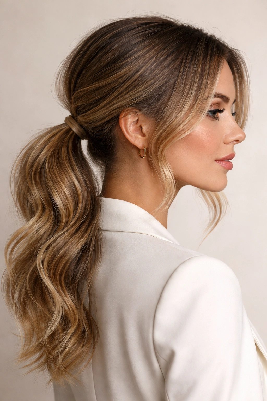 Low pony with textured waves and relaxed volume, soft framing around the face.