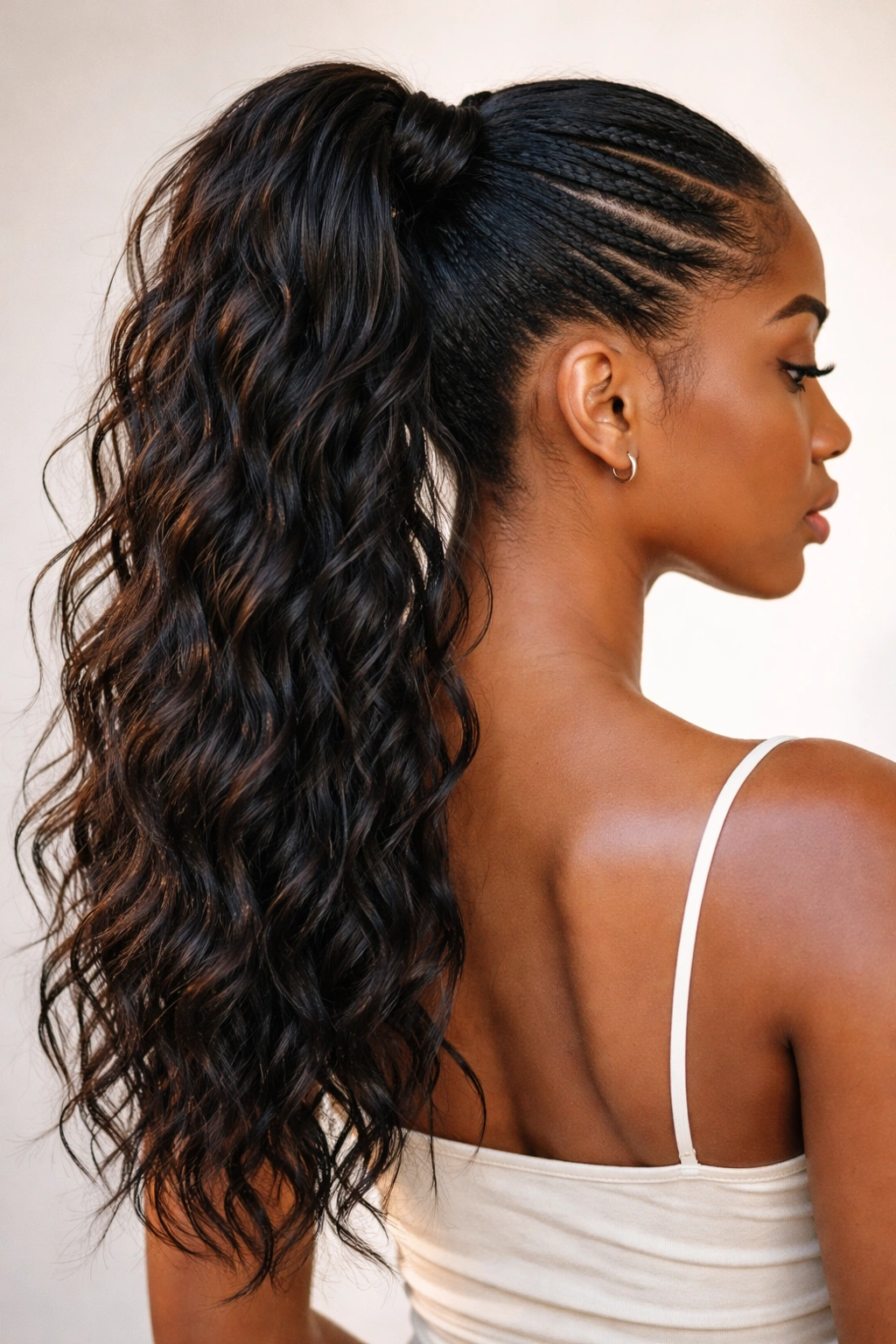 High ponytail with braided and wavy texture for dimension.