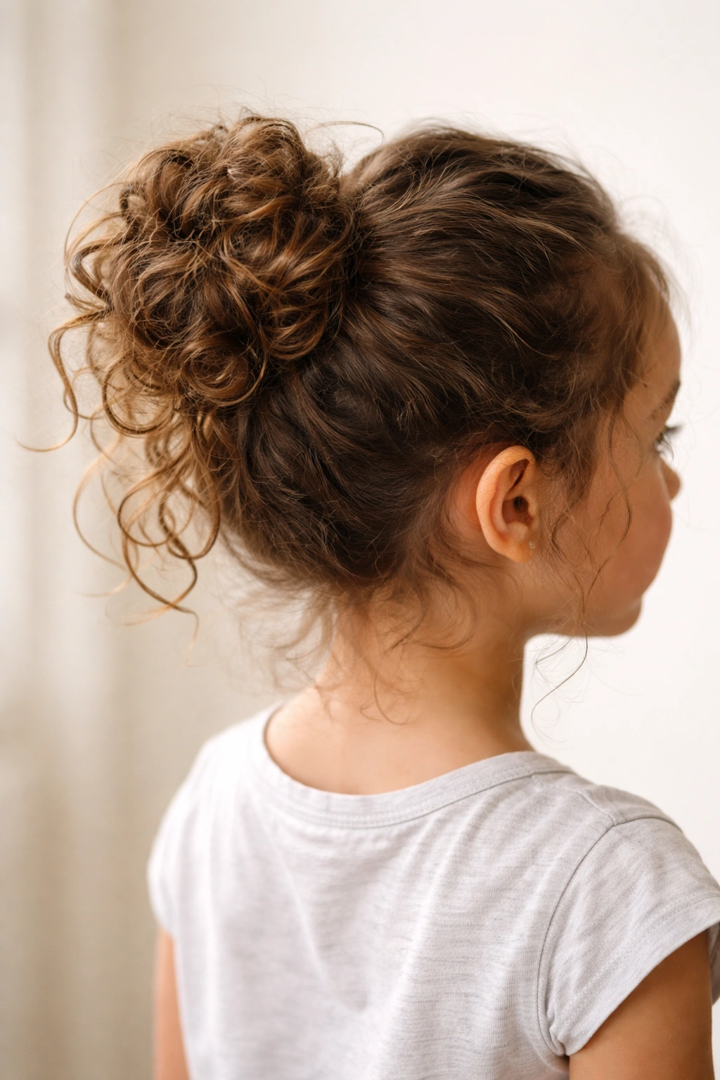 Close-up of a textured ponytail bun showing natural curls and waves
