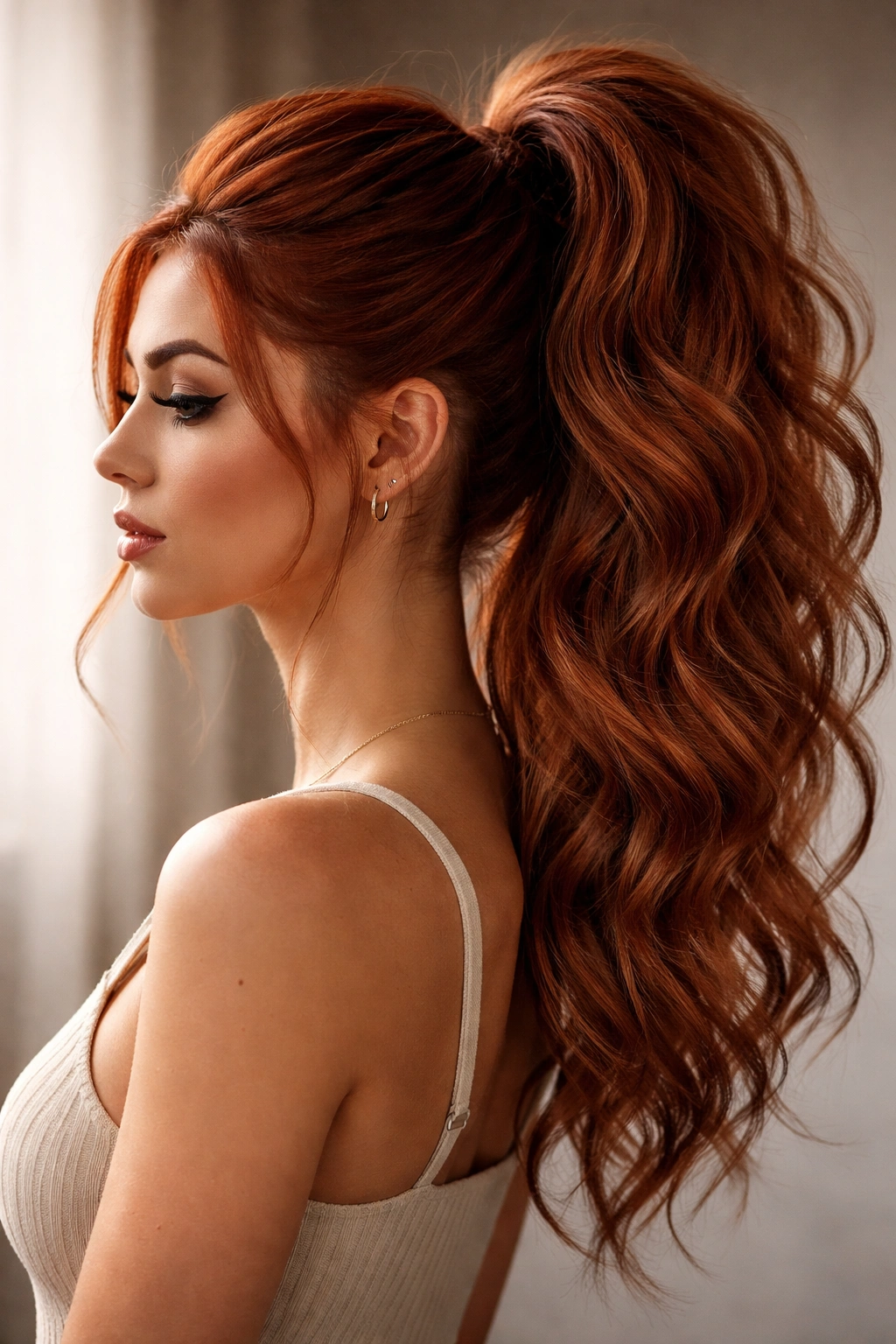 Side-angle view of a high ponytail with textured waves in red hair