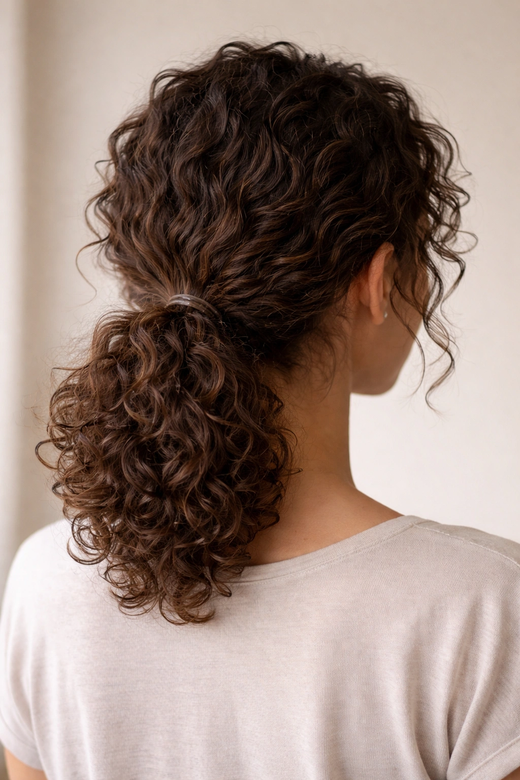 Low ponytail with textured curl clumps at the nape