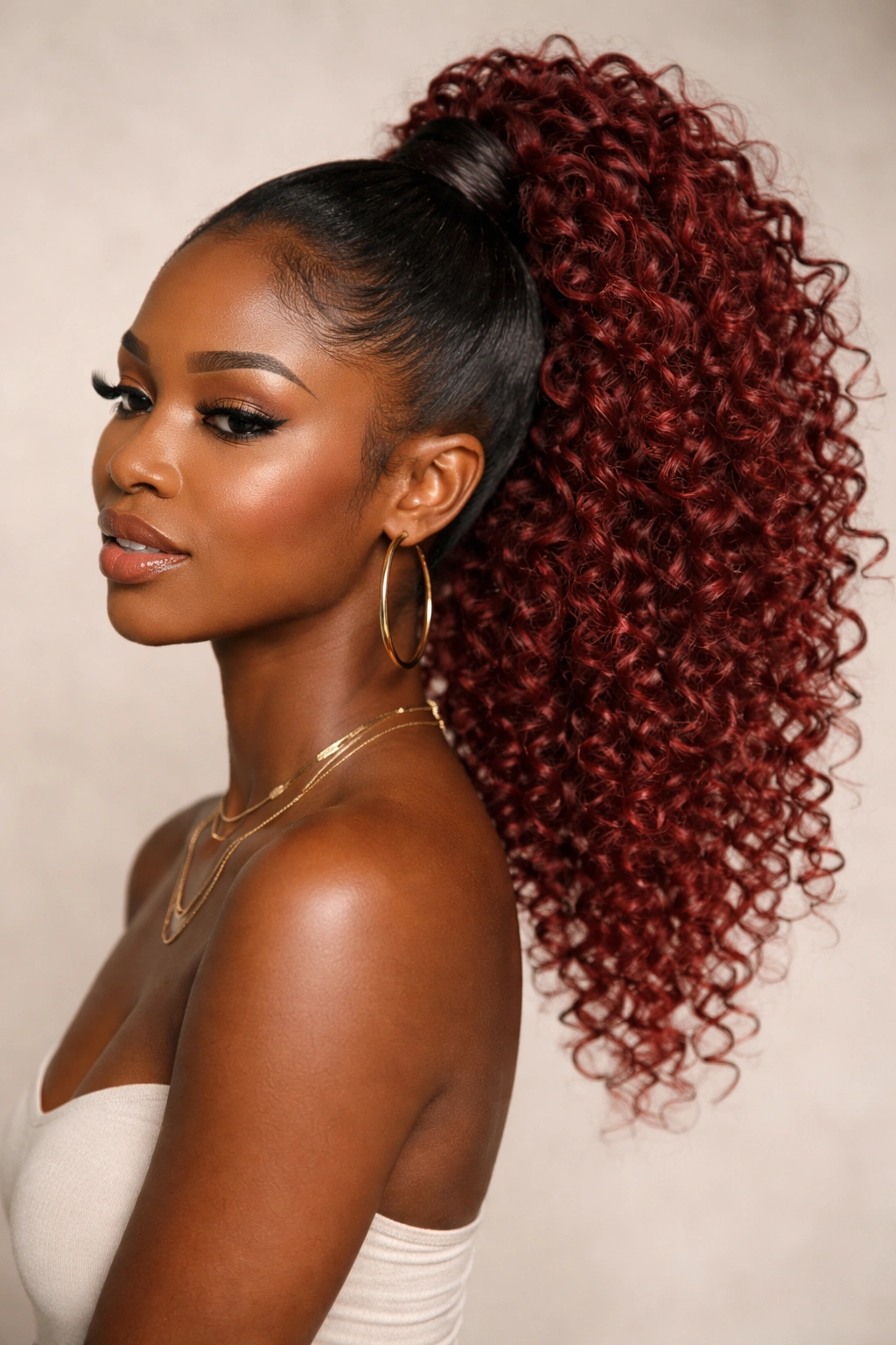 Textured high ponytail with red curls showing natural texture