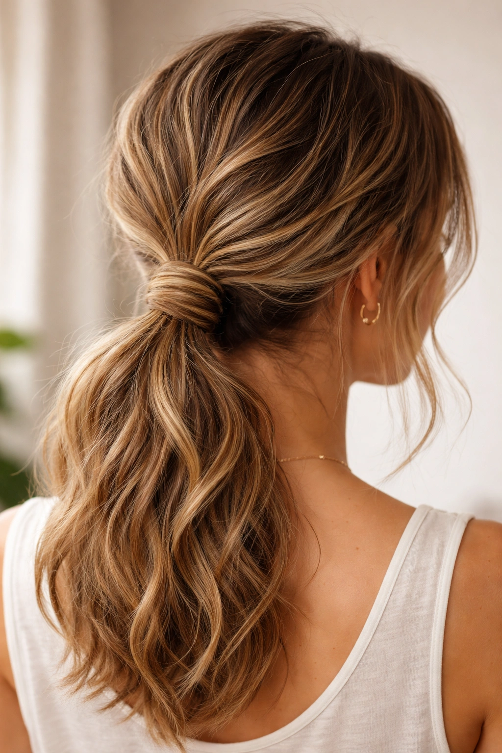 Textured ponytail with twists wrapping around base