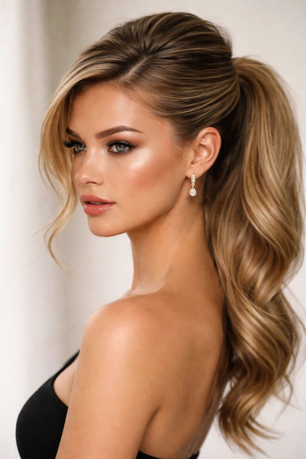 Textured side part ponytail with crown volume and smooth surface