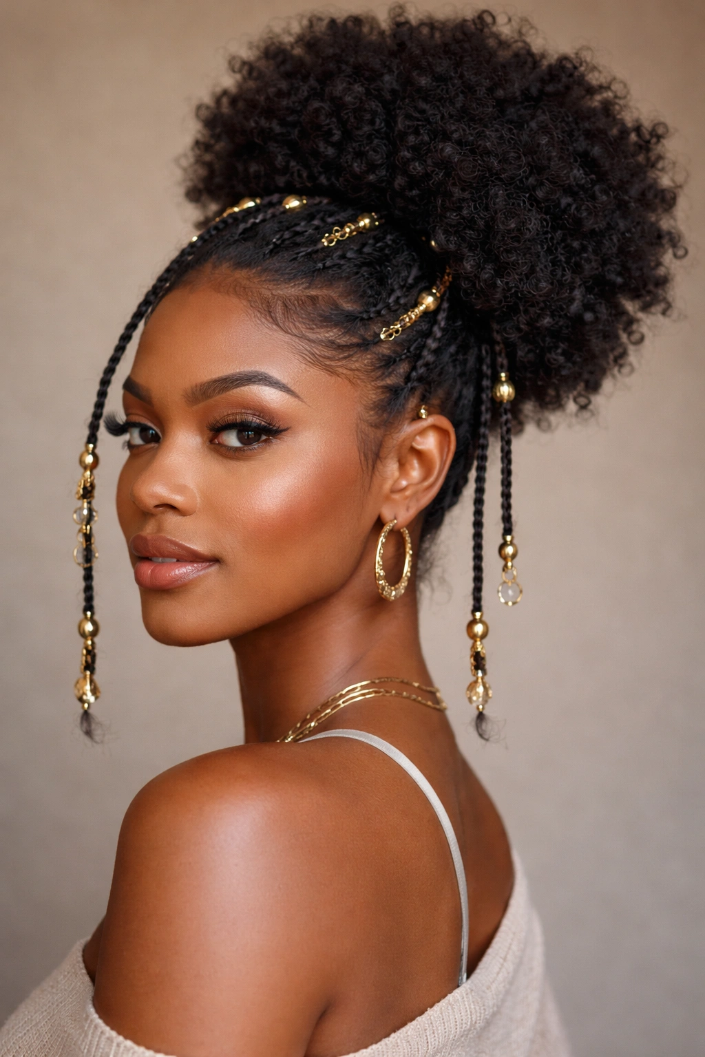 Textured puff hairstyle with beads and cuffs arranged on strands