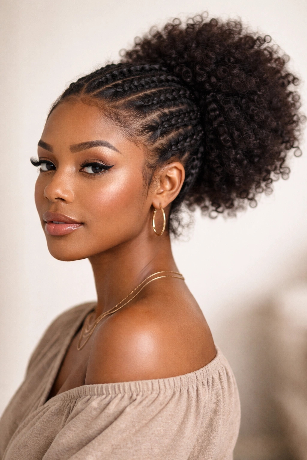 Crown texture with braids leading into a lower afro puff