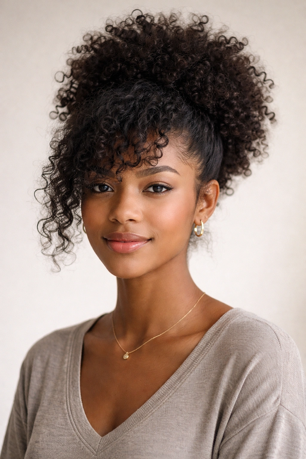 Close-up of a short curly hairstyle featuring a textured puff with side bangs.
