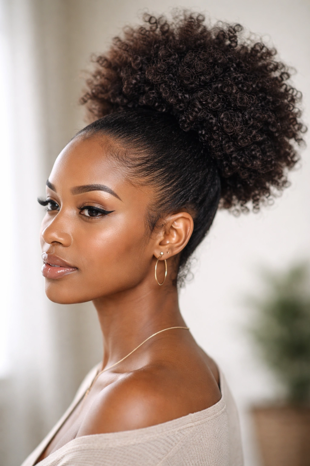 Three-quarter portrait showing a textured afro puff with visible curl pattern and volume