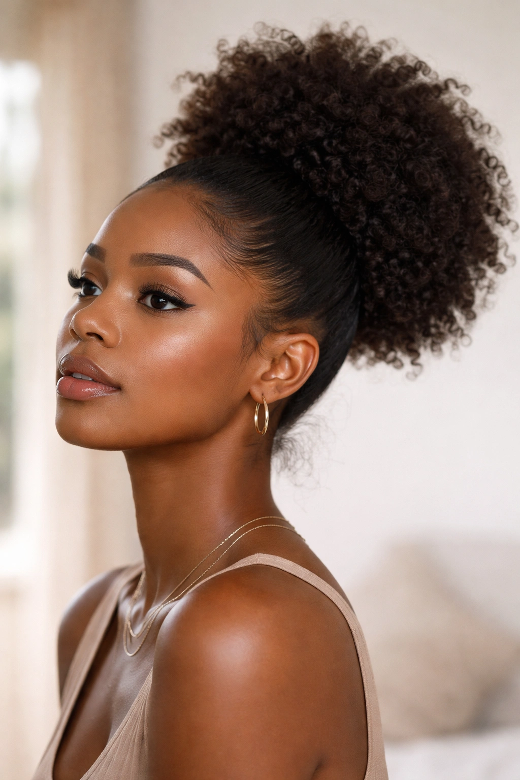 Textured puff ponytail with visible curls and volume.