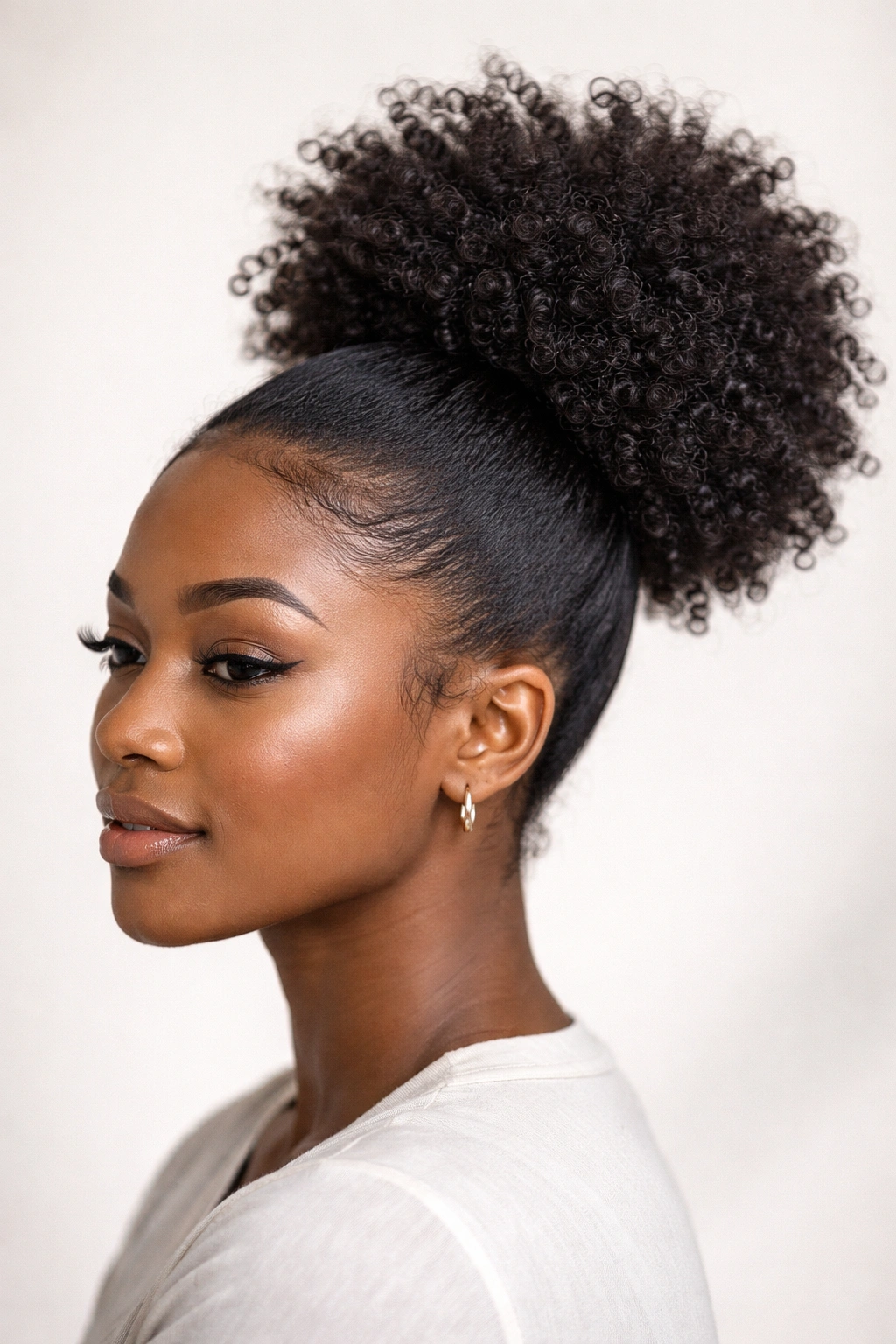 Textured puff ponytail with defined curls at the crown