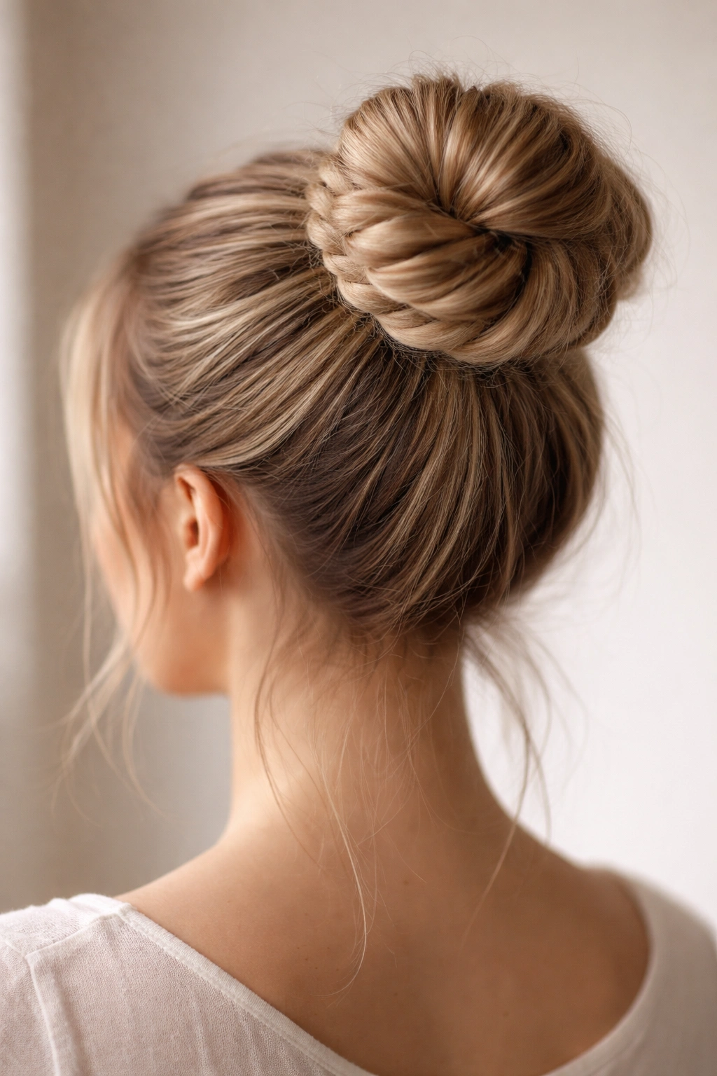 Close-up of a textured rope bun with prominent twists on straight hair