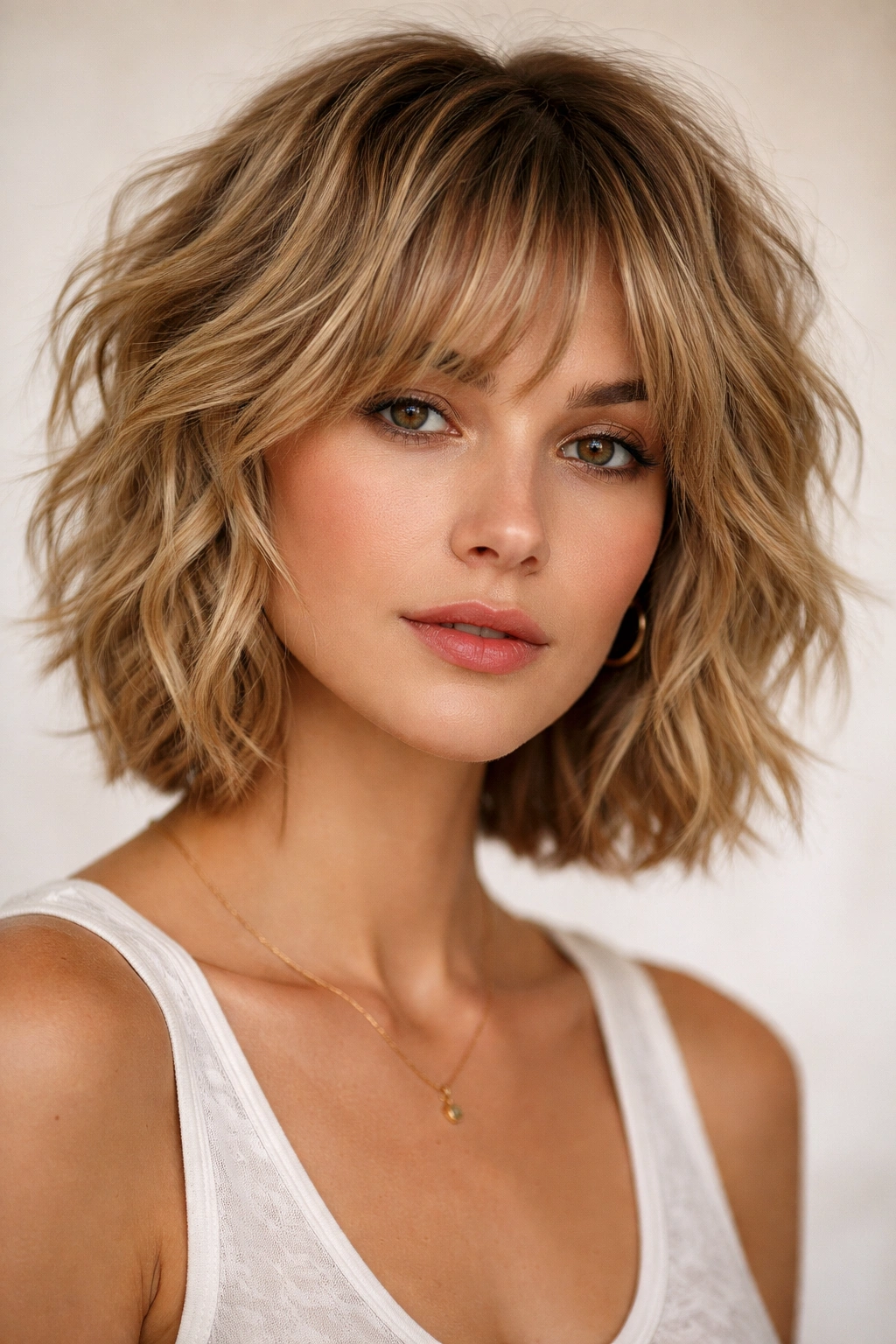 Close-up of a textured shag bob on fine wavy hair with choppy layers