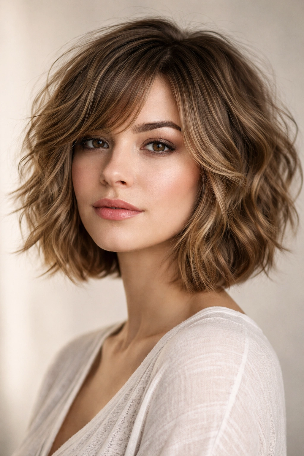 Close-up of a short textured shag bob with longer front pieces framing a round face.