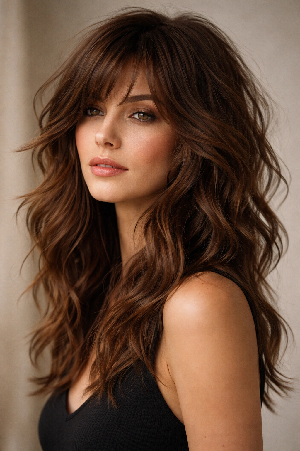 Close-up of chestnut textured shag with wavy layers and choppy ends