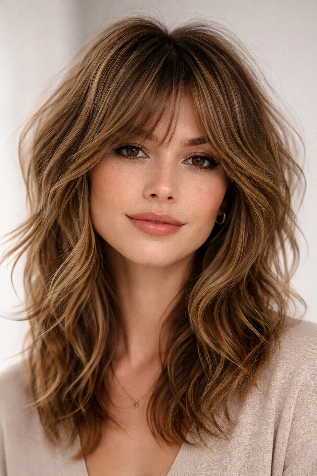 Close-up of textured shag with choppy layers on a heart-shaped face in studio lighting