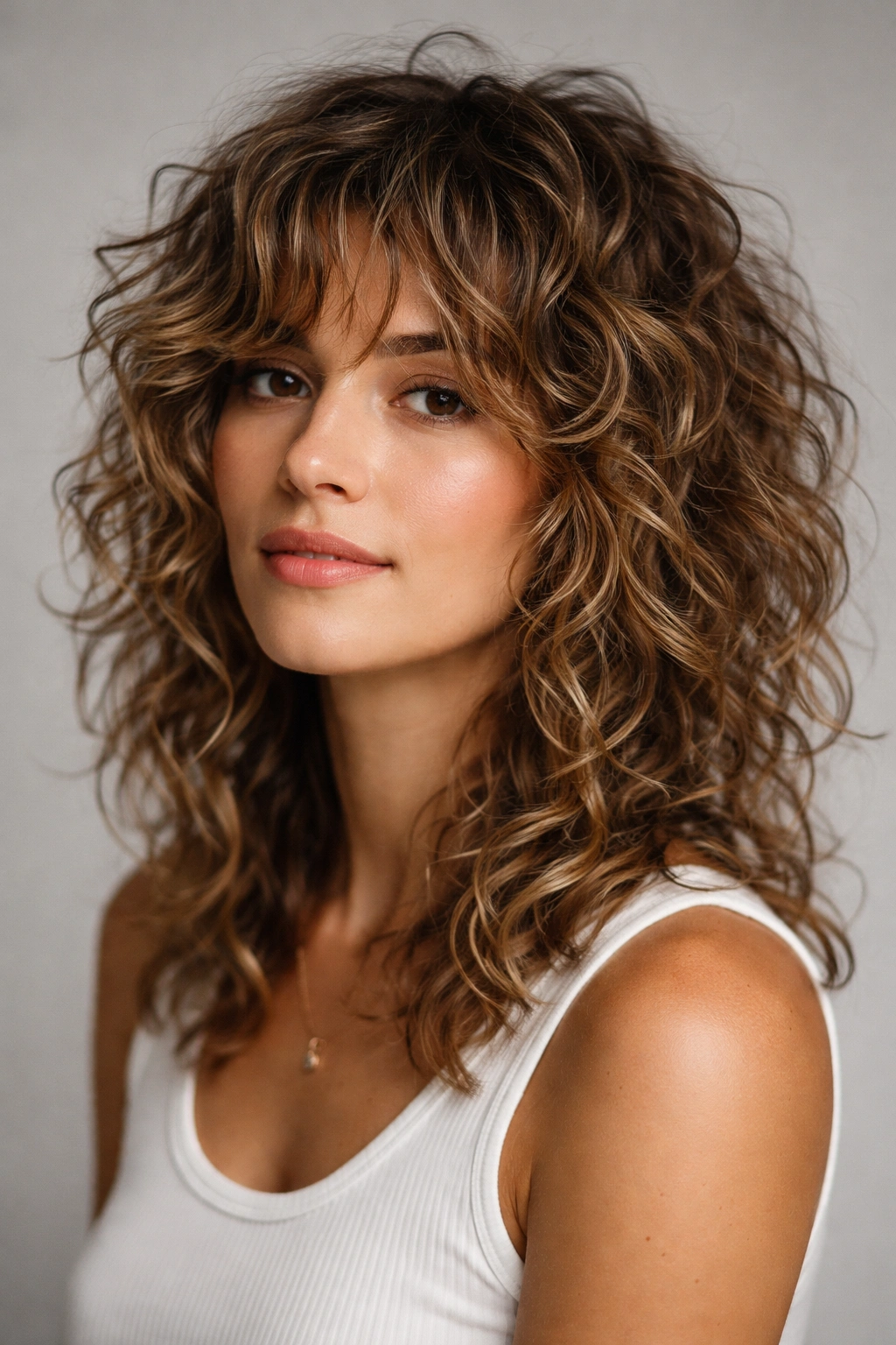 Close-up of a loose curl textured shag with choppy layers and movement.