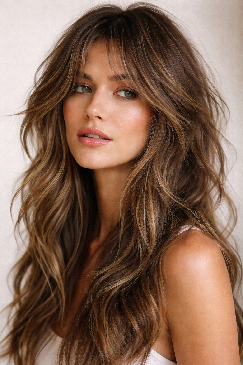 Close-up of textured shag haircut showing choppy layers around the crown