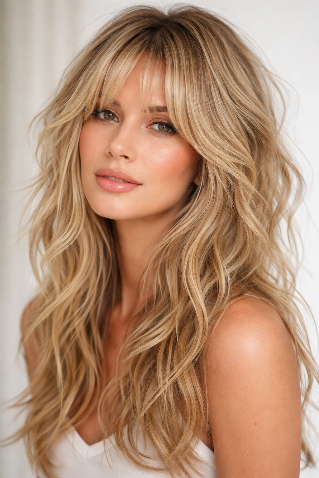 Shag hairstyle with multiple layers and textured blonde waves