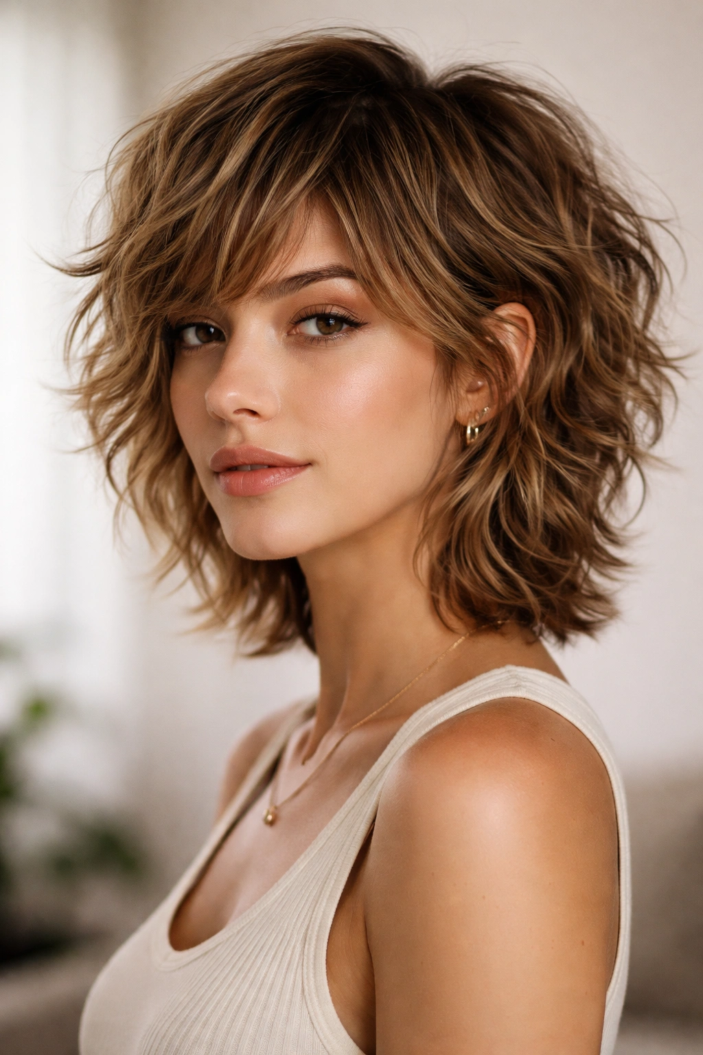 Portrait of a model with a modern textured shag showing layered crown and back with waves