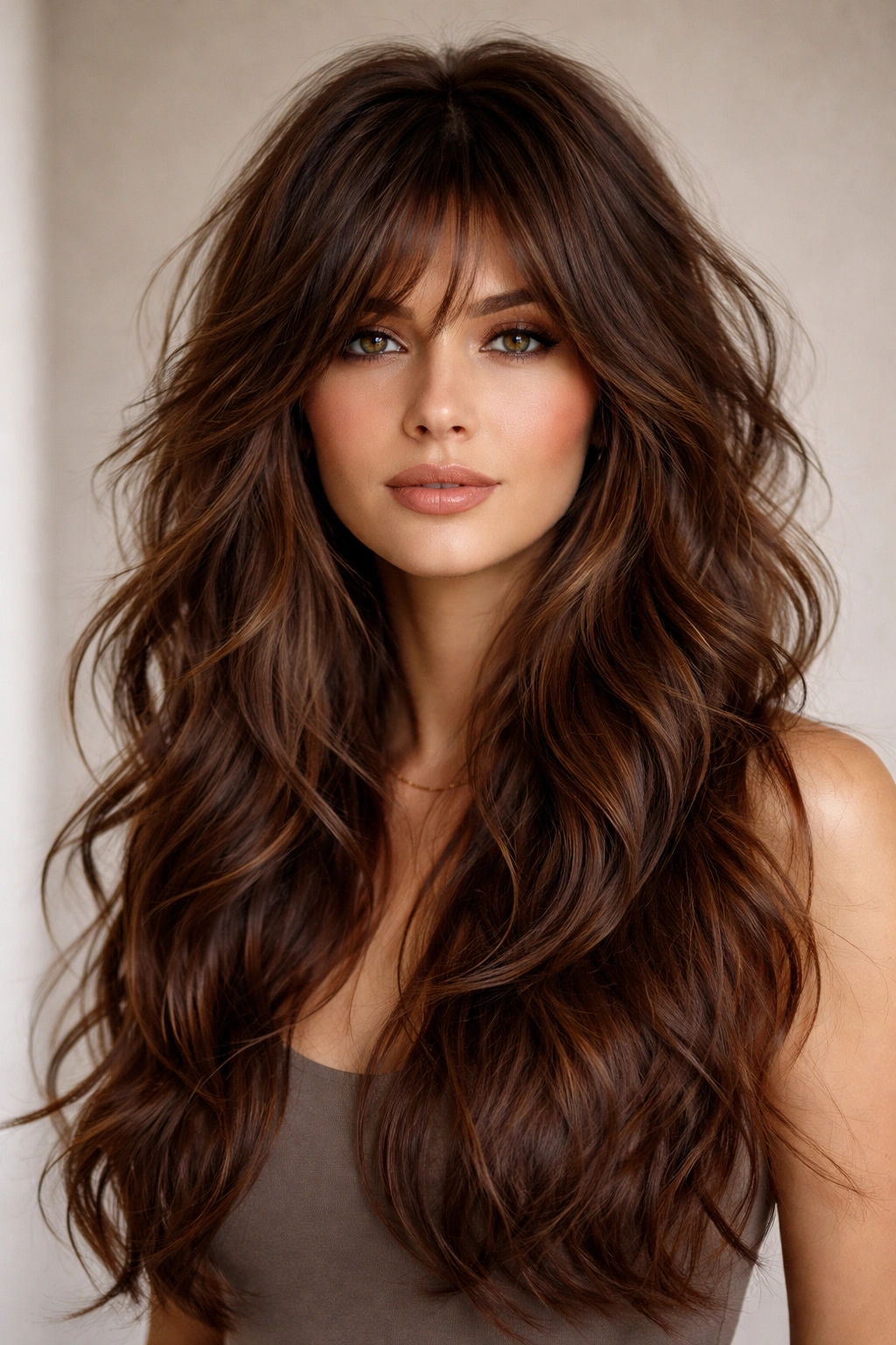 Chestnut shag with crown layers and long textured waves.