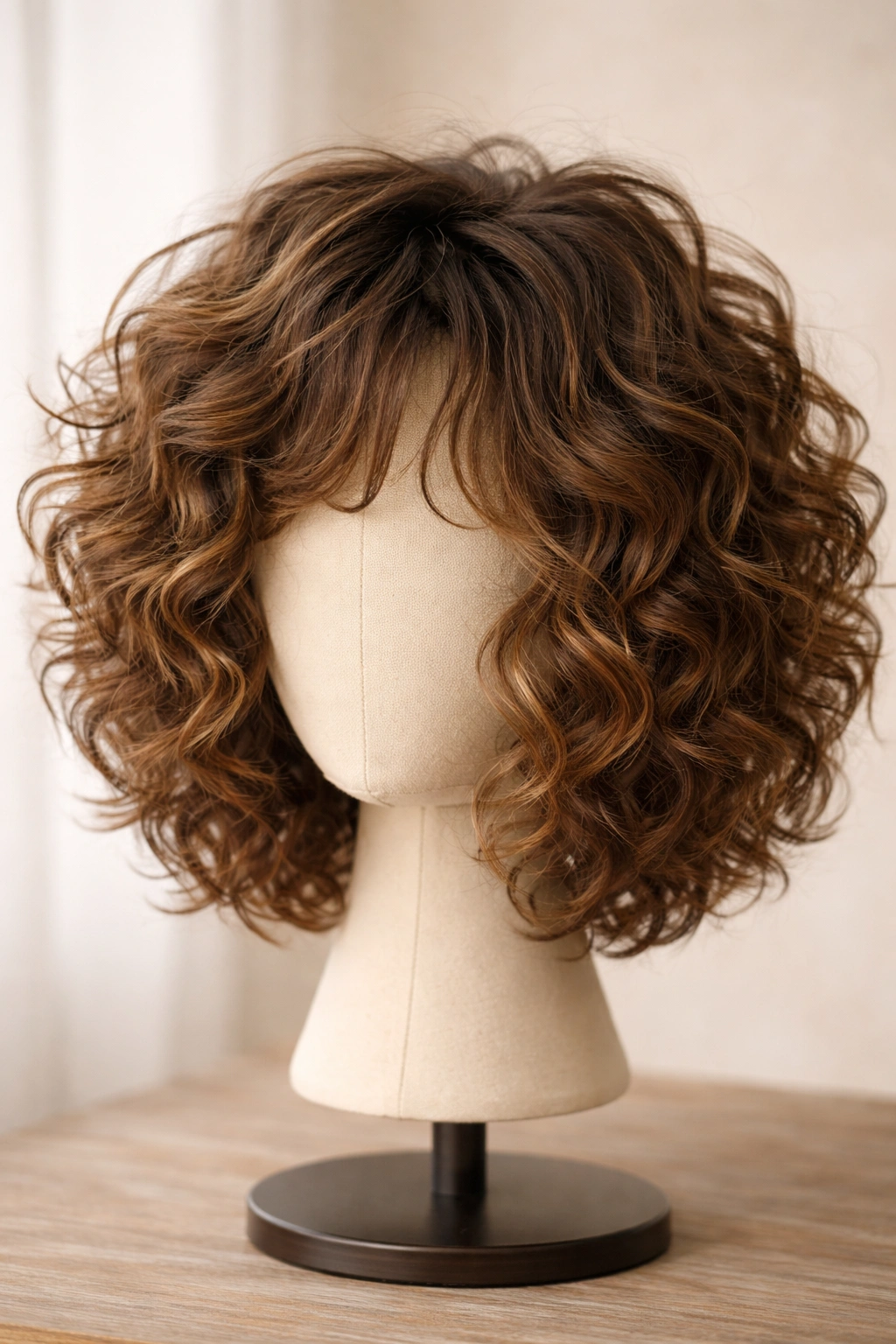 Close-up of a textured shag wig with layered curls and natural volume