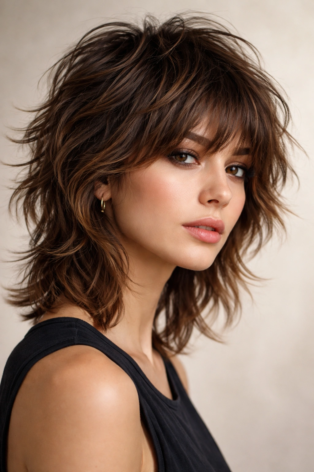 Close-up of a person with a short textured wolf cut featuring choppy layers