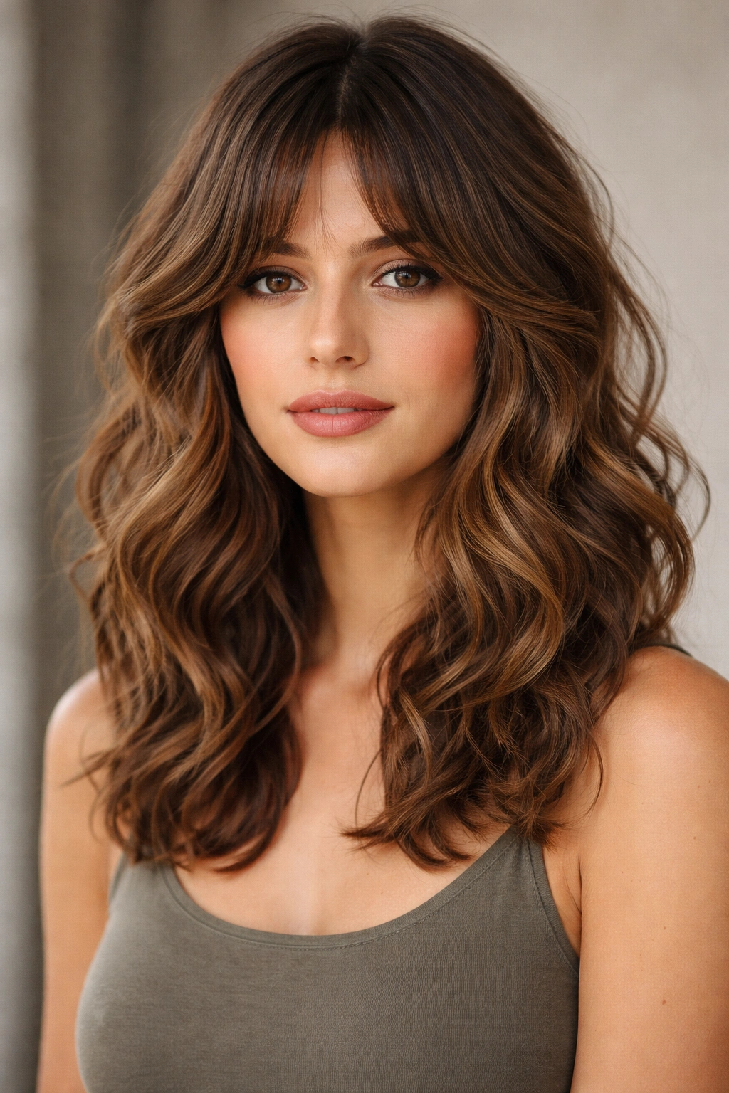 Textured shoulder-length hair with blended bangs.