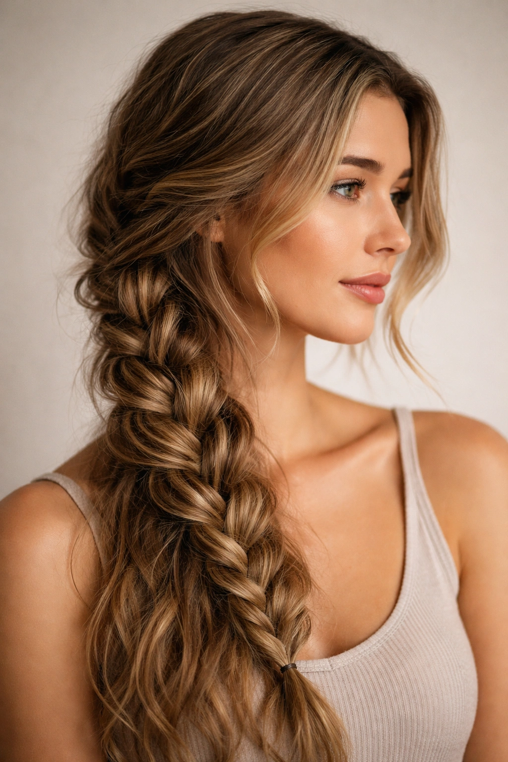Side view of a textured side braid draped over the shoulder in wavy hair.
