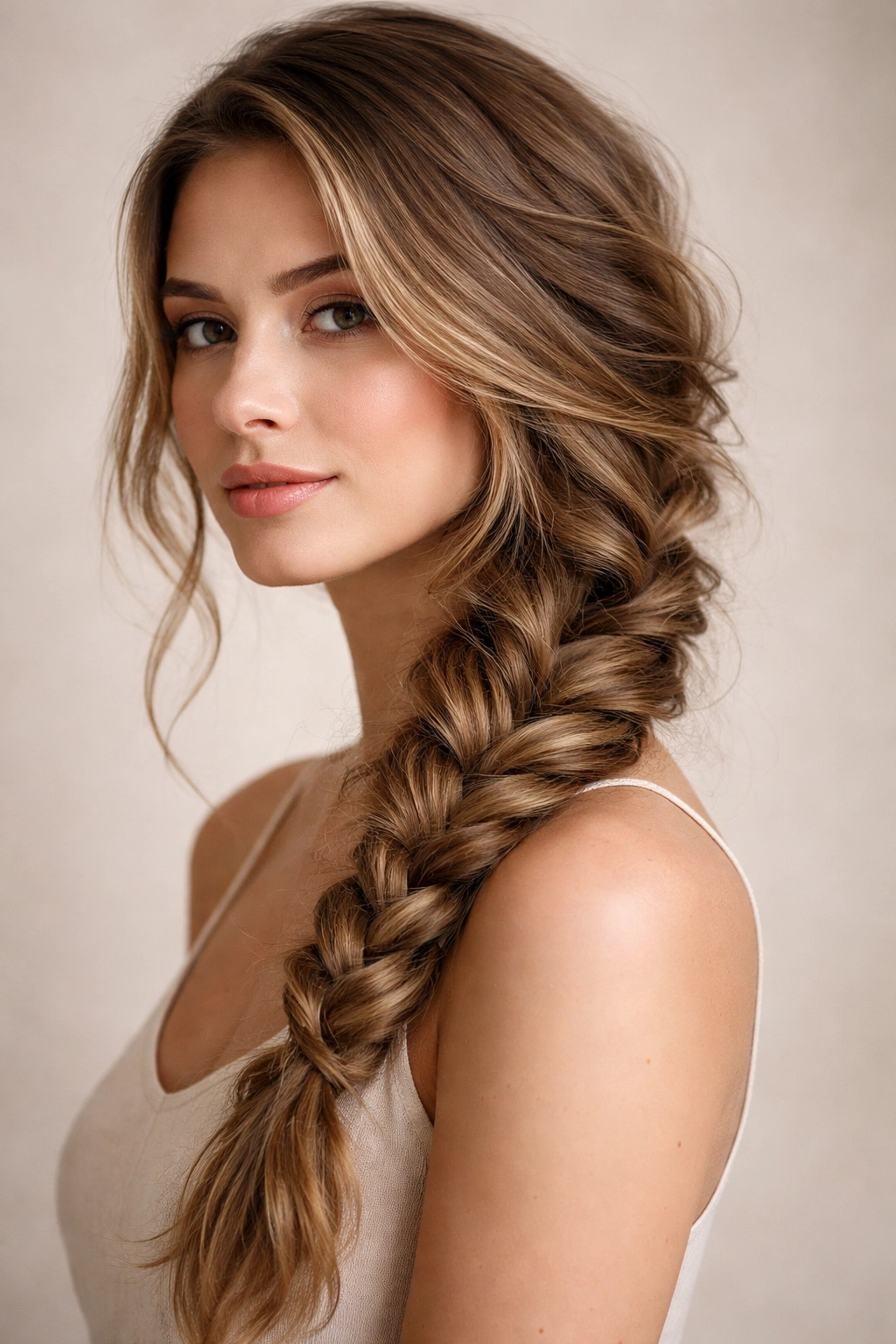 Side braid over shoulder with wavy hair texture, controlled frizz